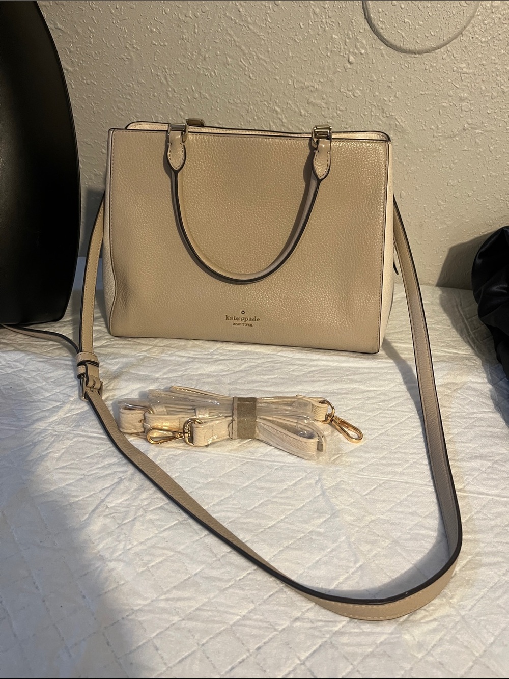 kate spade Neutral Beige Pebbled Leather Satchel with Detachable Strap